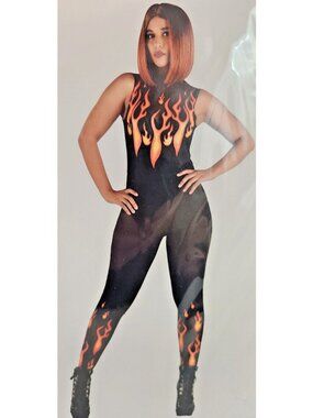 Flames Catsuit Bam Bam Firefighter Black 1PC Adult LARGE / XLARGE NEW Costume